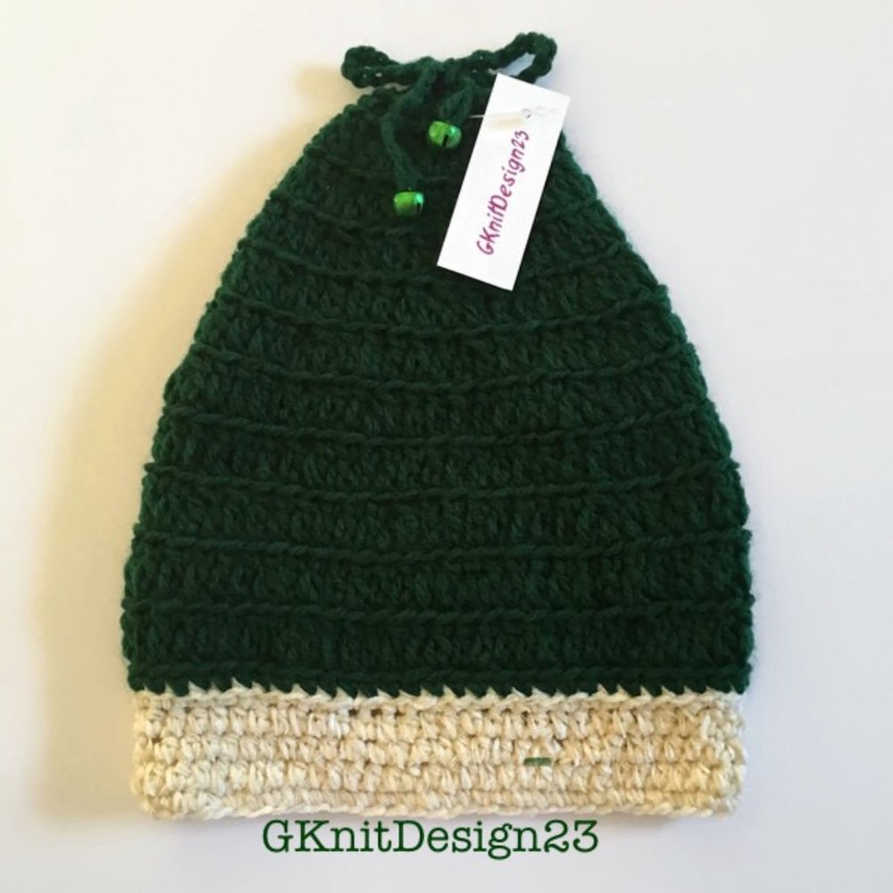 Crochet beanie, hat, tam with green bells